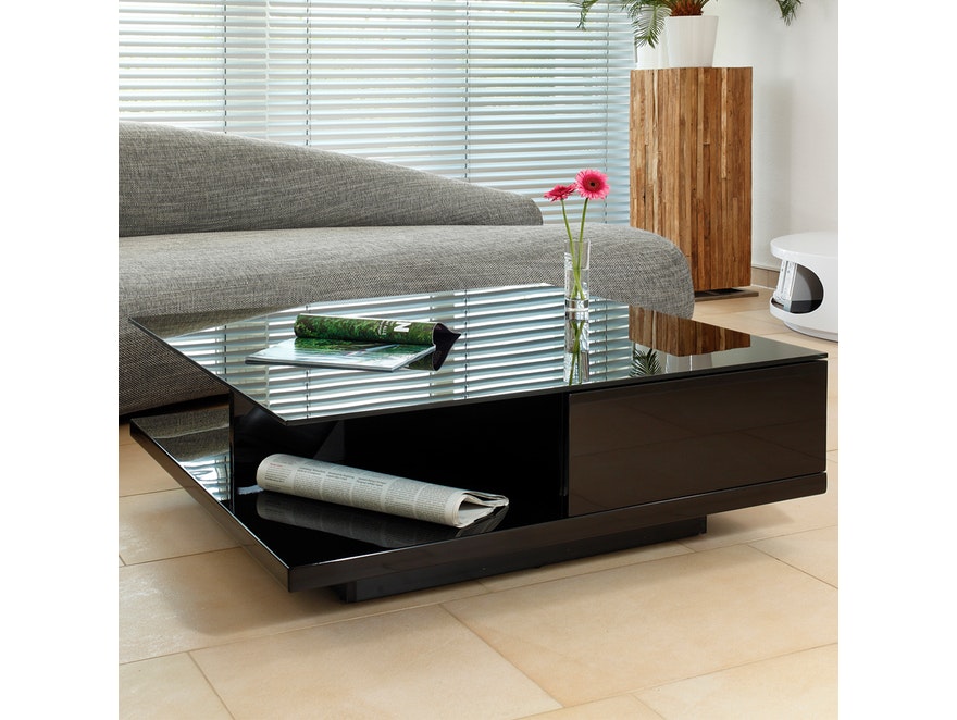 SalesFever® Couchtisch schwarz 100x100 cm Holz Glas mit Schublade Clara 6768 - 2