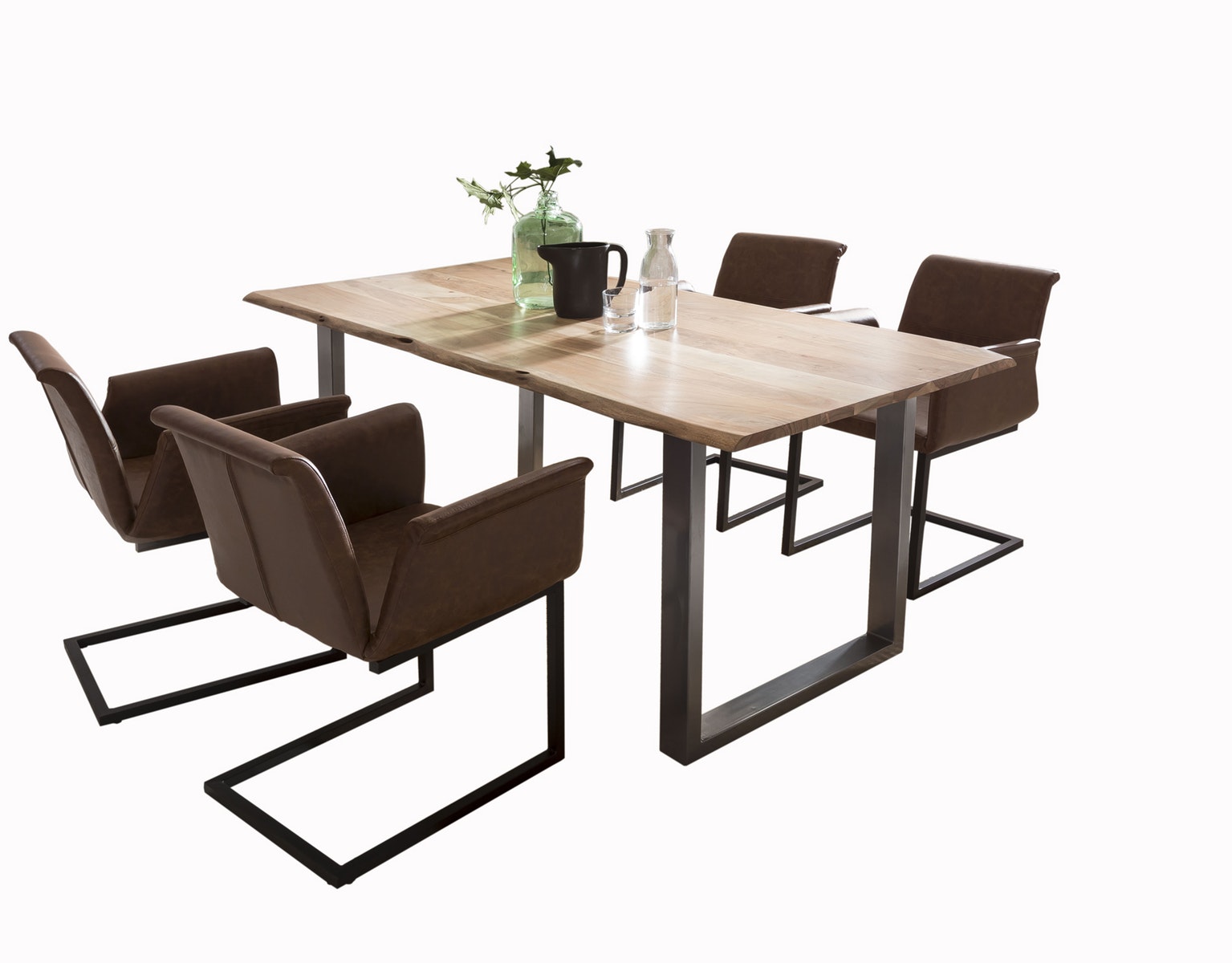 Salesfever Baumkantentisch Stühle hellbraun Essgruppe 160 cm massiv NATUR 5tlg GAIA