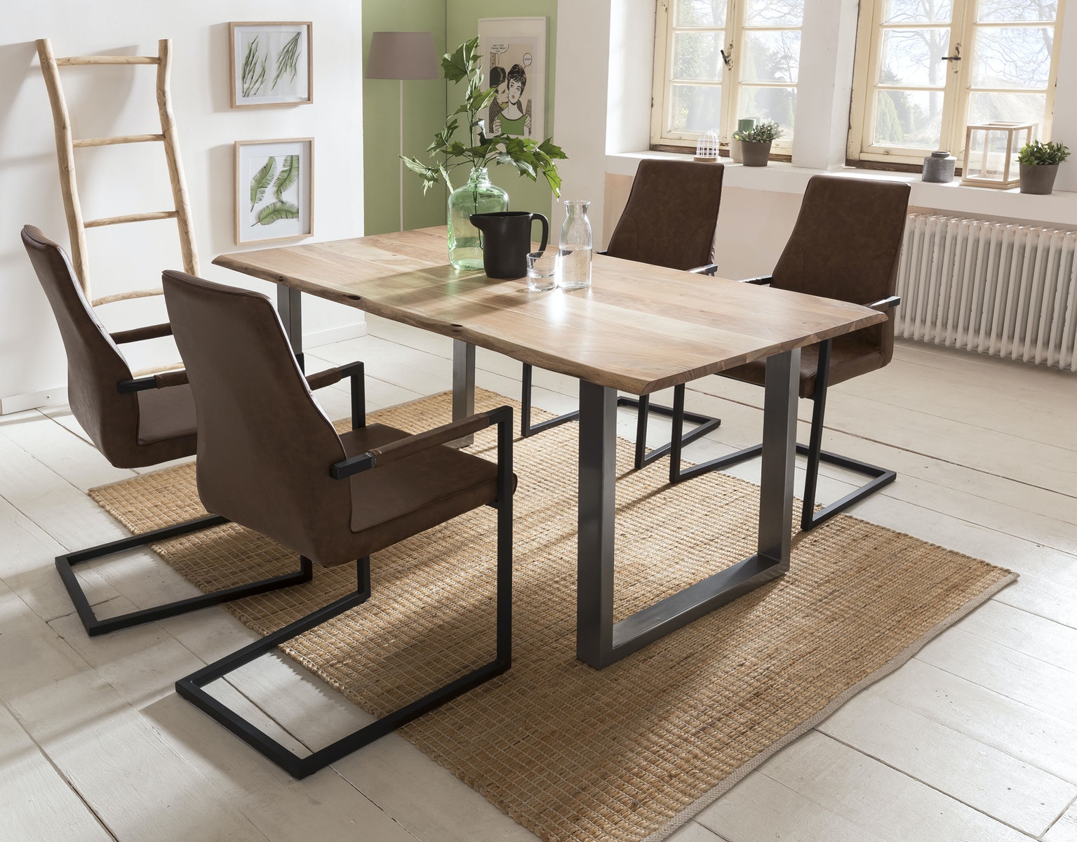 Salesfever Baumkantentisch Stühle hellbraun 160 cm massiv NATUR 5tlg GIADA