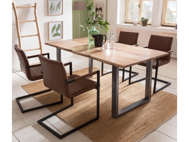 Baumkantentisch Essgruppe Stühle hellbraun 160 cm massiv NATUR 5tlg ALESSIA 13849 von SalesFever®