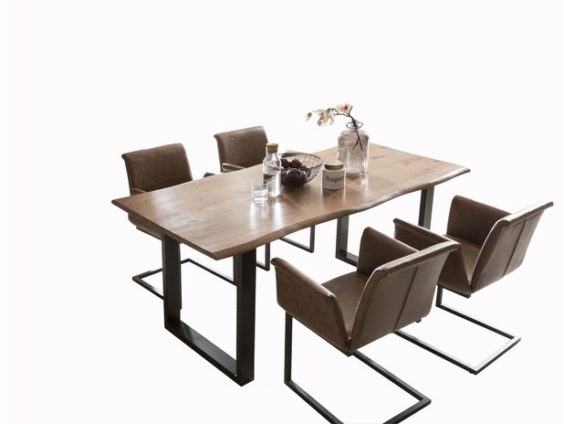 Baumkantentisch Essgruppe Stühle hellbraun 160 cm massiv NUSSBAUM 5tlg GAIA 13881 von SalesFever®