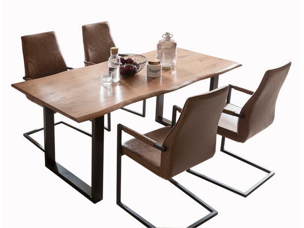 Baumkantentisch Essgruppe Stühle hellbraun 160 cm massiv NUSSBAUM 5tlg GIADA 13900 von SalesFever®