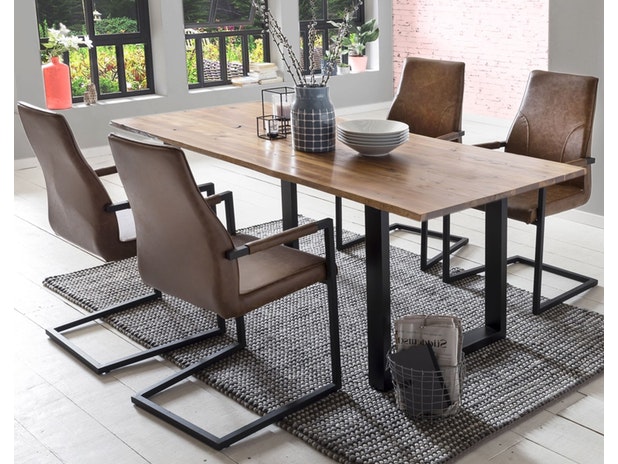 Baumkantentisch Essgruppe Stühle hellbraun 180 cm massiv COGNAC 5tlg GIADA 13960 von SalesFever®