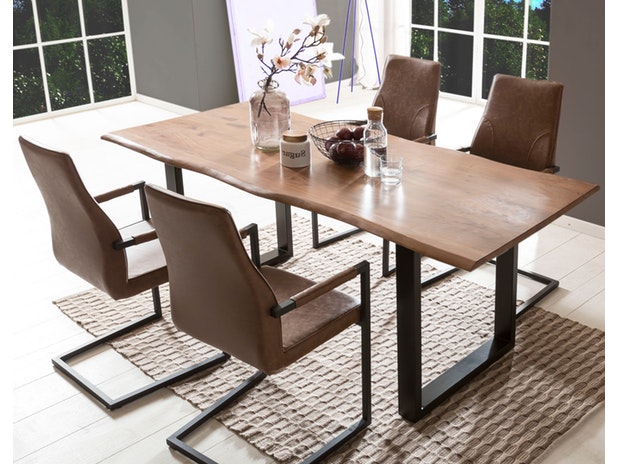 Baumkantentisch Essgruppe Stühle hellbraun 180 cm massiv NUSSBAUM 5tlg GIADA 13962 von SalesFever®