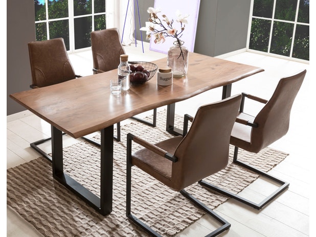 Baumkantentisch Essgruppe Stühle hellbraun 200 cm massiv NUSSBAUM 5tlg GIADA 382097 von SalesFever®