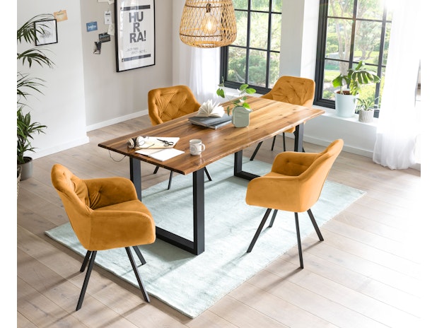 Essgruppe 5-tlg. 180x90 cm Tisch Cognac Stuhlbezug Senfgelb LANDO-FIONA 371183 von SalesFever®