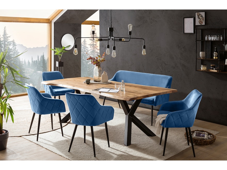 SalesFever® Essgruppe 6-tlg. 200x100 cm Akazie Stühle/Bank Samt Blau Saira-Freja-Finja 368190 - 1