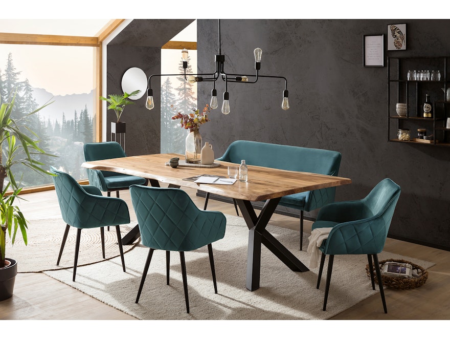 SalesFever® Essgruppe 6-tlg. 200x100 cm Akazie Stühle/Bank Samt Grün Saira-Freja-Finja 368220 - 1