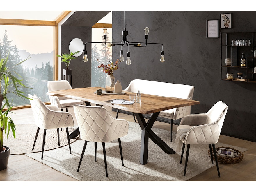 SalesFever® Essgruppe 6-tlg. 220x110 cm Akazie Stühle/Bank Samt Creme Saira-Freja-Finja 368176 - 1