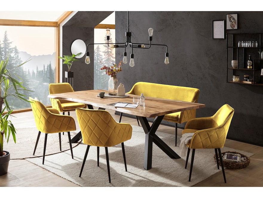 SalesFever® Essgruppe 6-tlg. 220x110 cm Akazie Stühle/Bank Samt Senfgelb Saira-Freja-Finja 368268 - 1