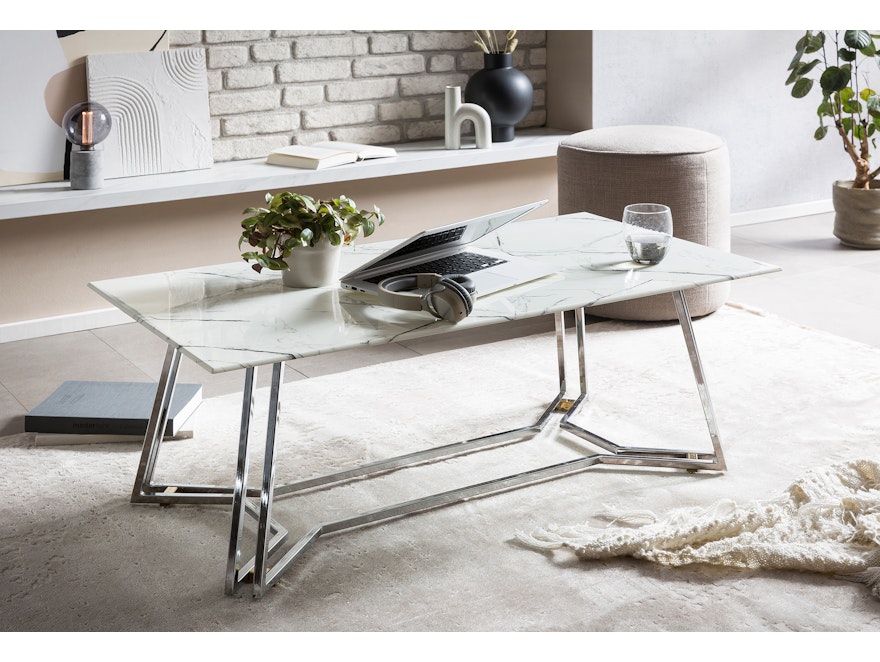 SalesFever® Couchtisch 110x60 cm Glasplatte Weiß Marmoroptik Gestell Chrom Nelio 398555 - 5