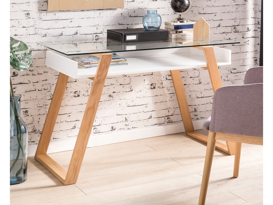 SalesFever® Schreibtisch skandinavisches Design Holz mit Glasplatte Venla n-10071 - 2