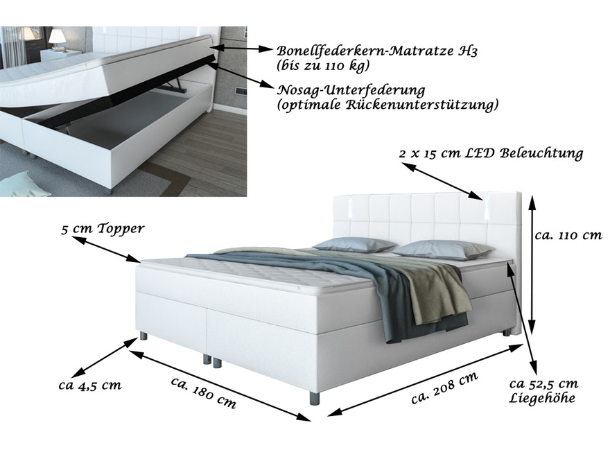 SalesFever® Boxspringbett Bettkasten LED 180 x 200 cm weiß Hotelbett SERENO 382158 - 4