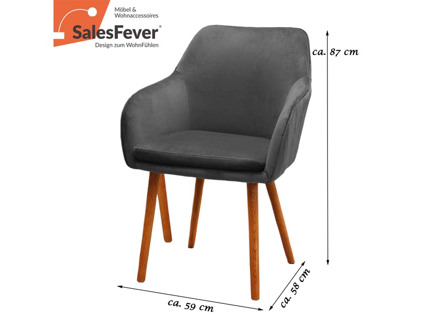 SalesFever® Esszimmer Stühle grau 2 er Set in Samt Optik Eiche Beine ELENA 390122 - 2