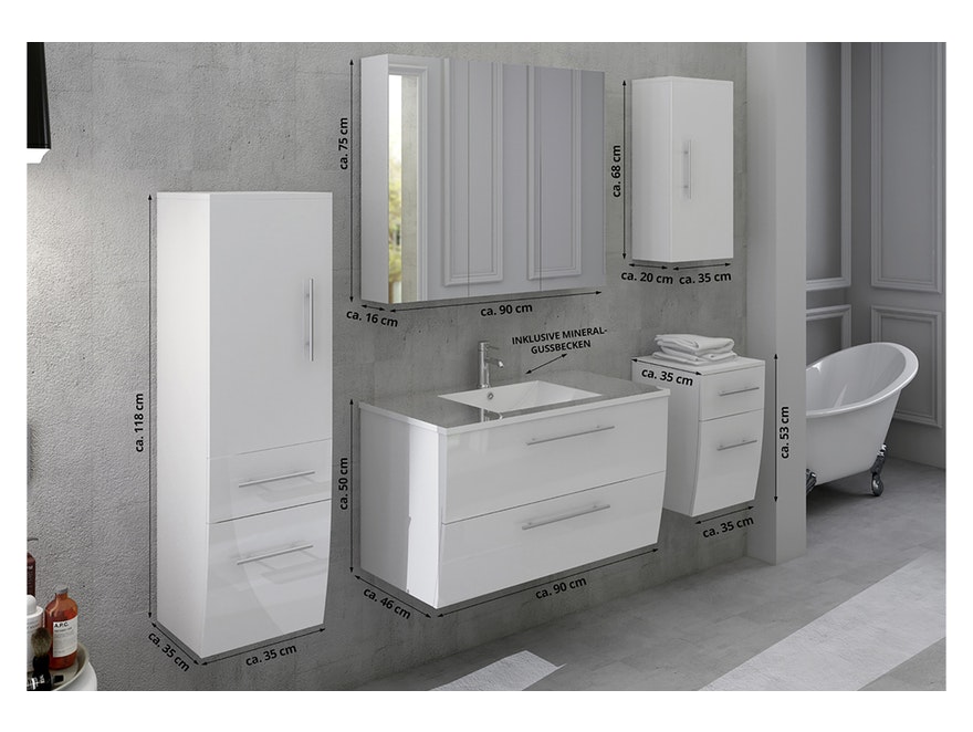 SalesFever® Badezimmer Set 5tlg. Hochglanz Weiß 90 cm ELRIK 389706 - 4