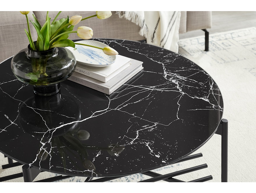 SalesFever® Couchtisch Ø 84 cm Schwarz mit Glasplatte in Marmoroptik VELARO 366899 - 7