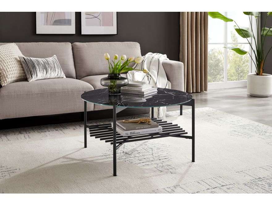 SalesFever® Couchtisch Ø 84 cm Schwarz mit Glasplatte in Marmoroptik VELARO 366899 - 3